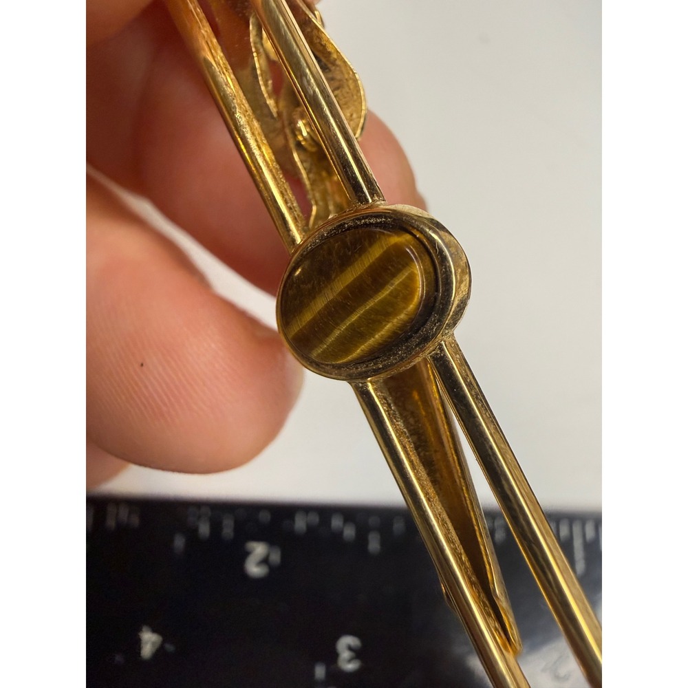 Vintage Gold Tone Tigers Eye Tie Clip Oval Gemstone Mens Formal Accessory